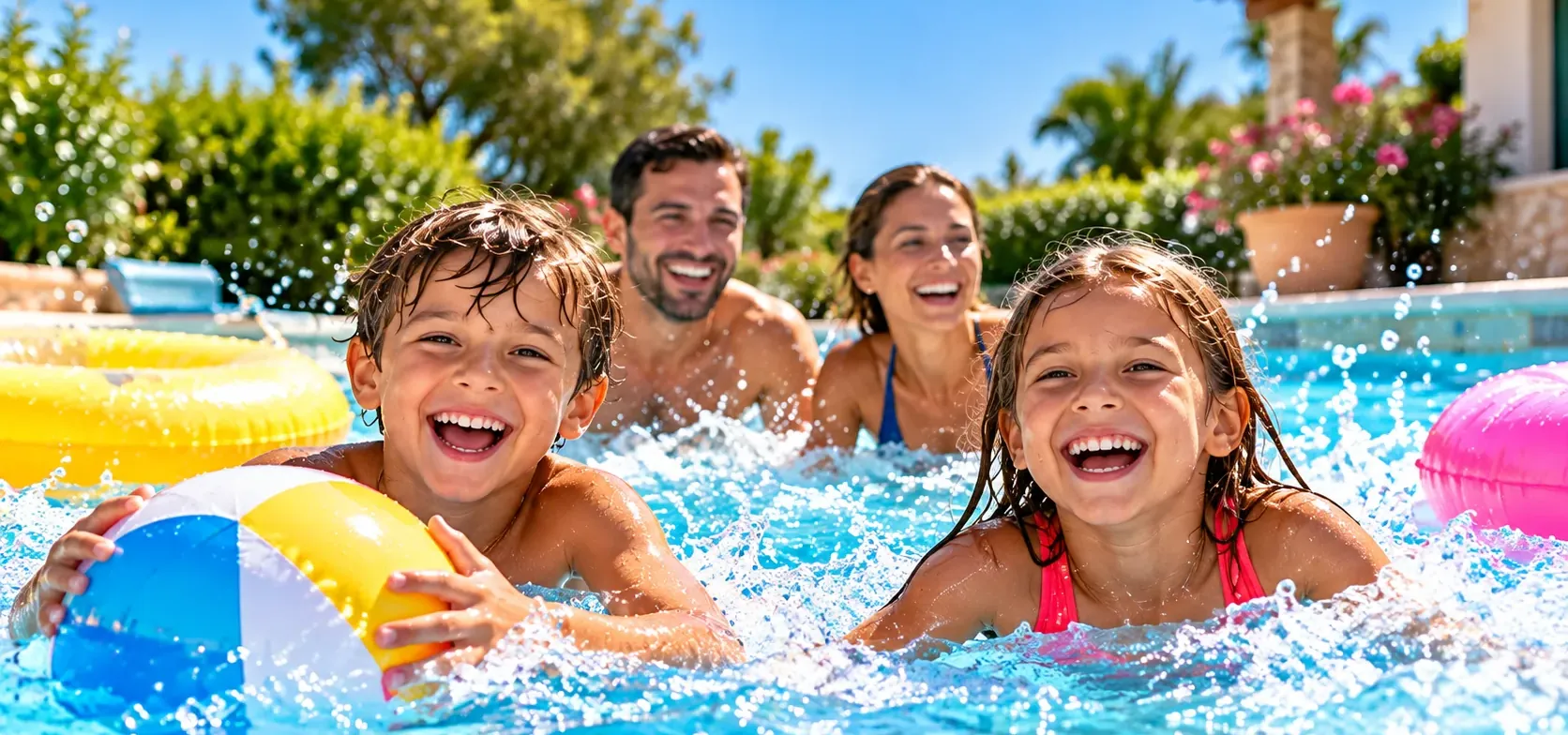 Deux enfants rient dans l’eau d’une piscine, l’un tenant un ballon de plage, pendant que leurs parents jouent derrière eux