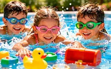 Trois enfants, la tête hors de l’eau, entourés de trésors flottants : canard en caoutchouc, anneaux et petit coffre