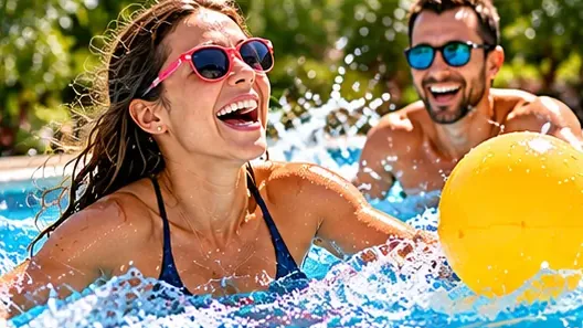 Une femme et un homme rient en jouant avec un ballon jaune dans une piscine