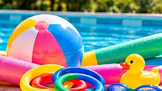 Ballon de plage, frites, anneaux, canard en caoutchouc et lunettes de natation posés au bord d’une piscine