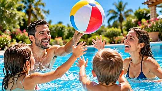 Deux adultes et deux enfants se passent un ballon de plage dans une piscine