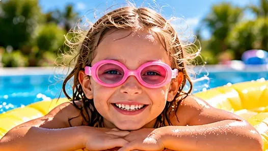 Une fillette avec des lunettes de natation roses sourit, accoudée à un matelas gonflable dans une piscine