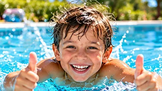 Un garçon sourit dans l’eau d’une piscine en levant les deux pouces, sans aucun accessoire