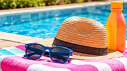 Chapeau de paille, lunettes de soleil et bouteille d’eau posés sur une serviette au bord d’une piscine